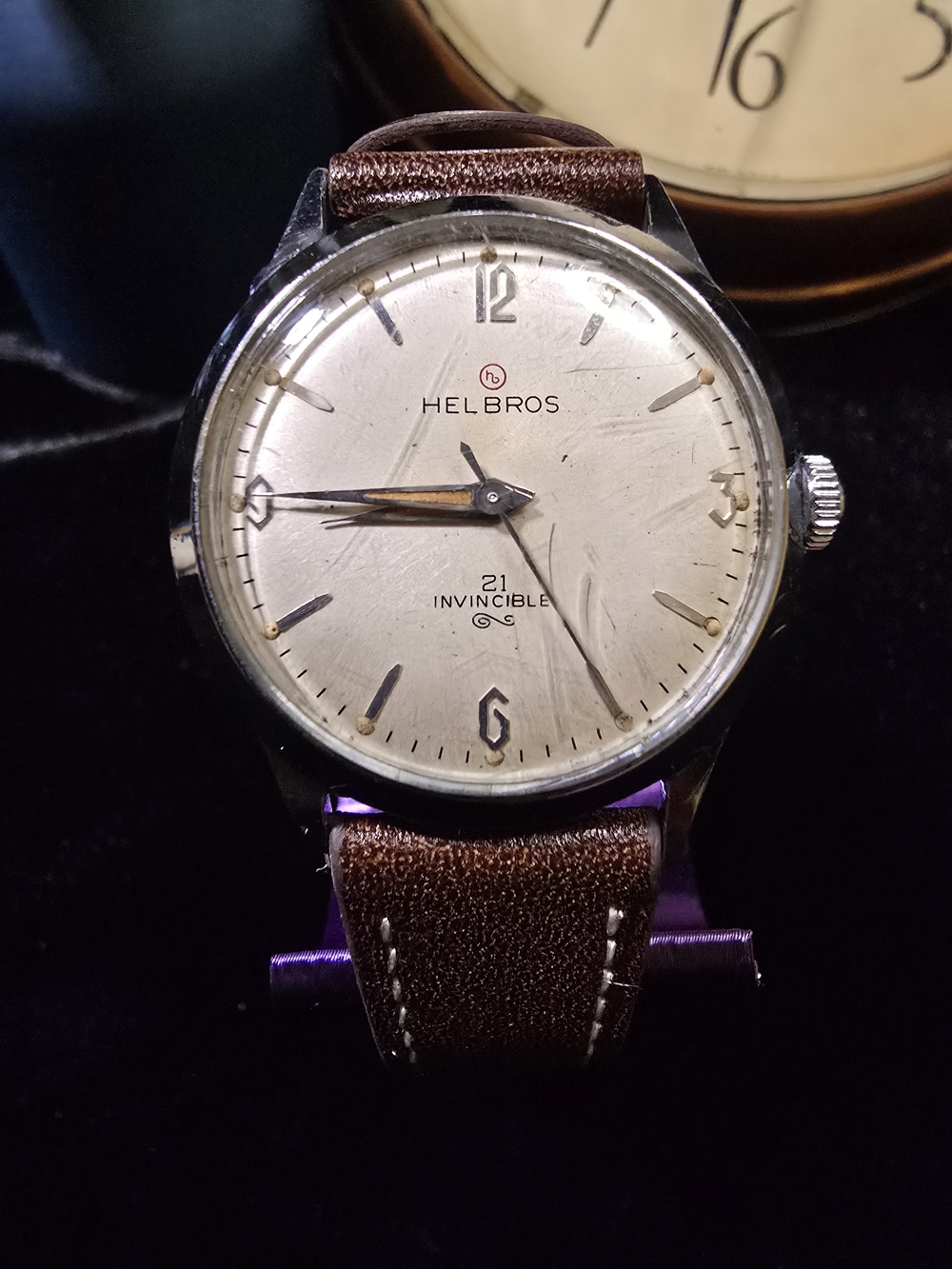 Helbros 'Invincible 21' Vintage Silver Dial Watch w/ Brown Leather Strap - 34mm